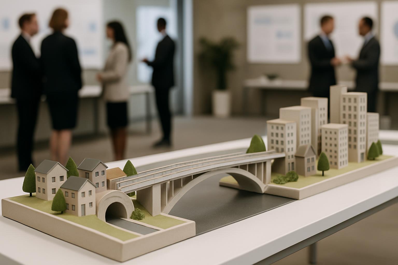 A 3D architectural model of a neighborhood and bridge on a white table, with fuzzy figures of professionals in suits in a ...