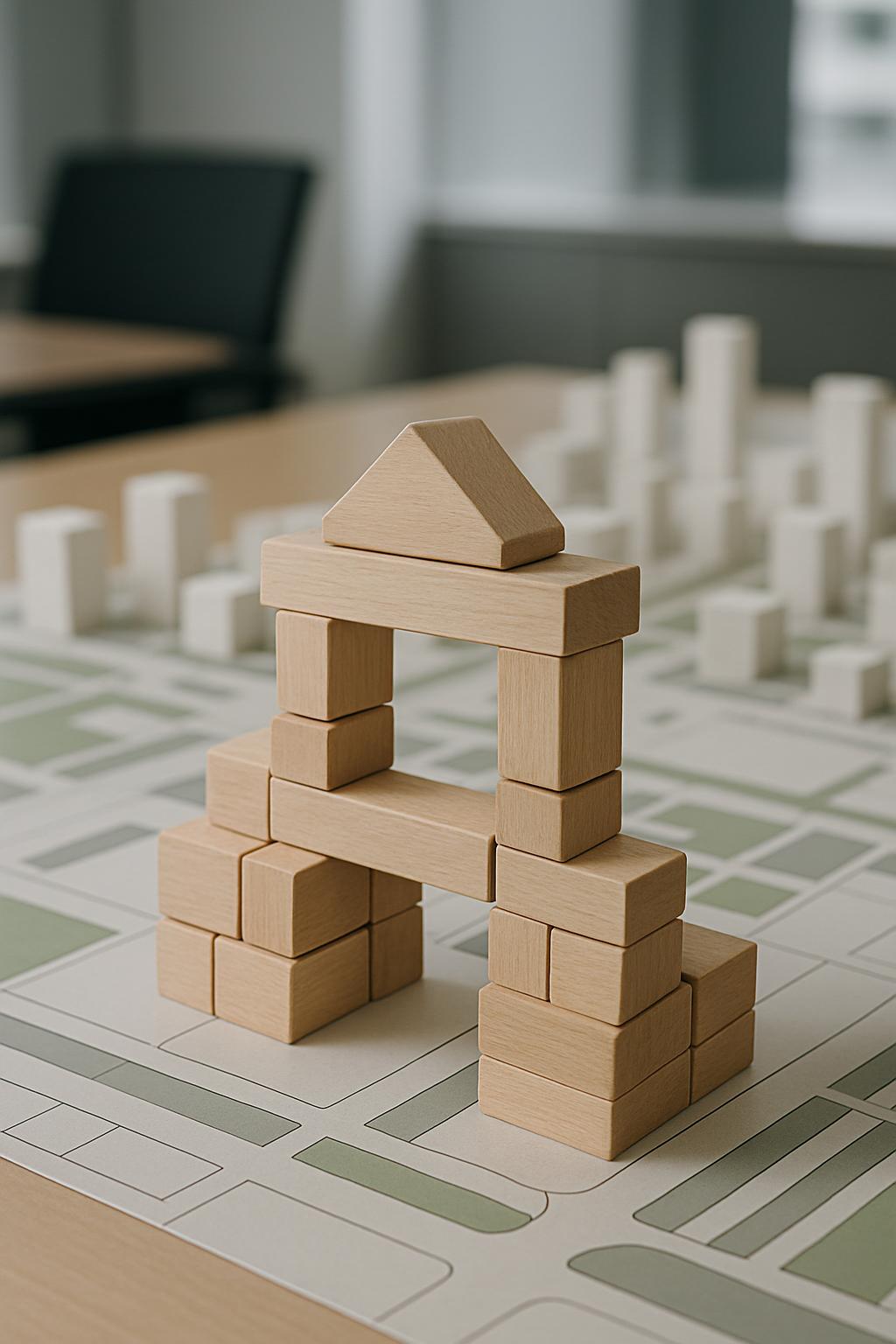A stack of wooden blocks is assembled into an archway on a map.