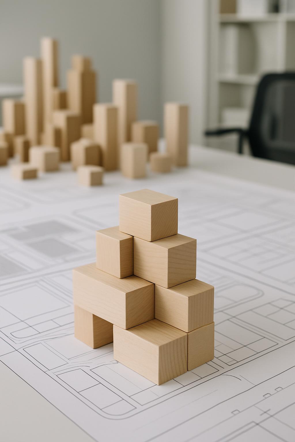 Stacked wooden blocks on a building design blueprint with an office chair and cabinets in the background.