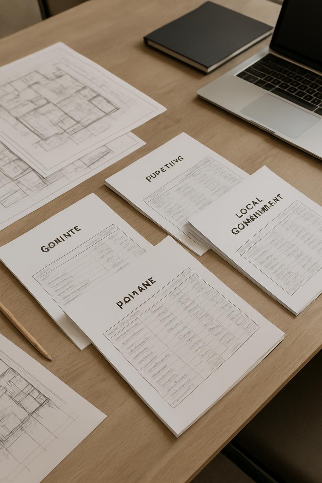 A cluttered desk with several documents and a laptop.