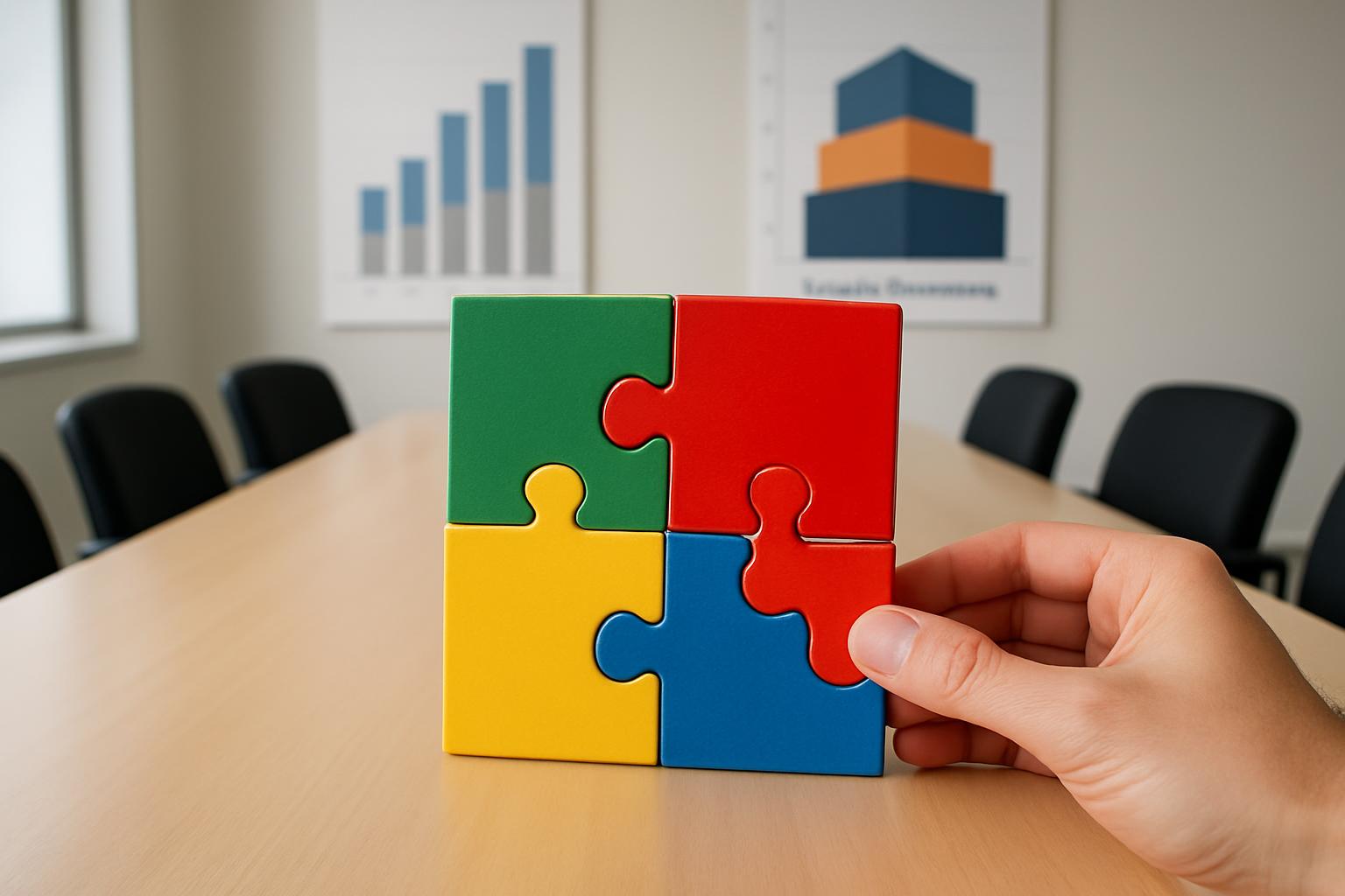 Four plastic puzzle pieces of different colors form a square. The top two and the bottom one are on the side of a light wo...