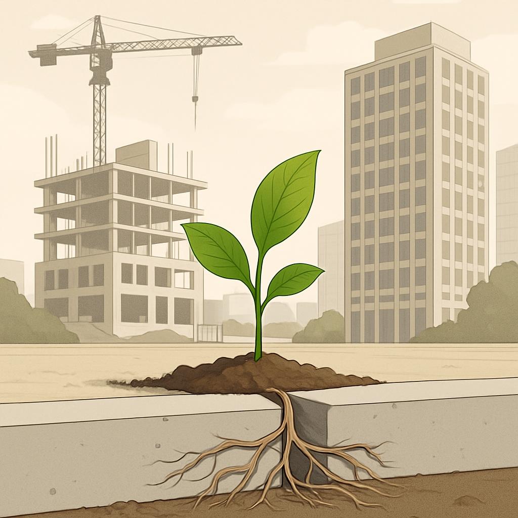 The ground starts looking like an exposed underground foundation for buildings, and a plant grows from this exposed fertil...