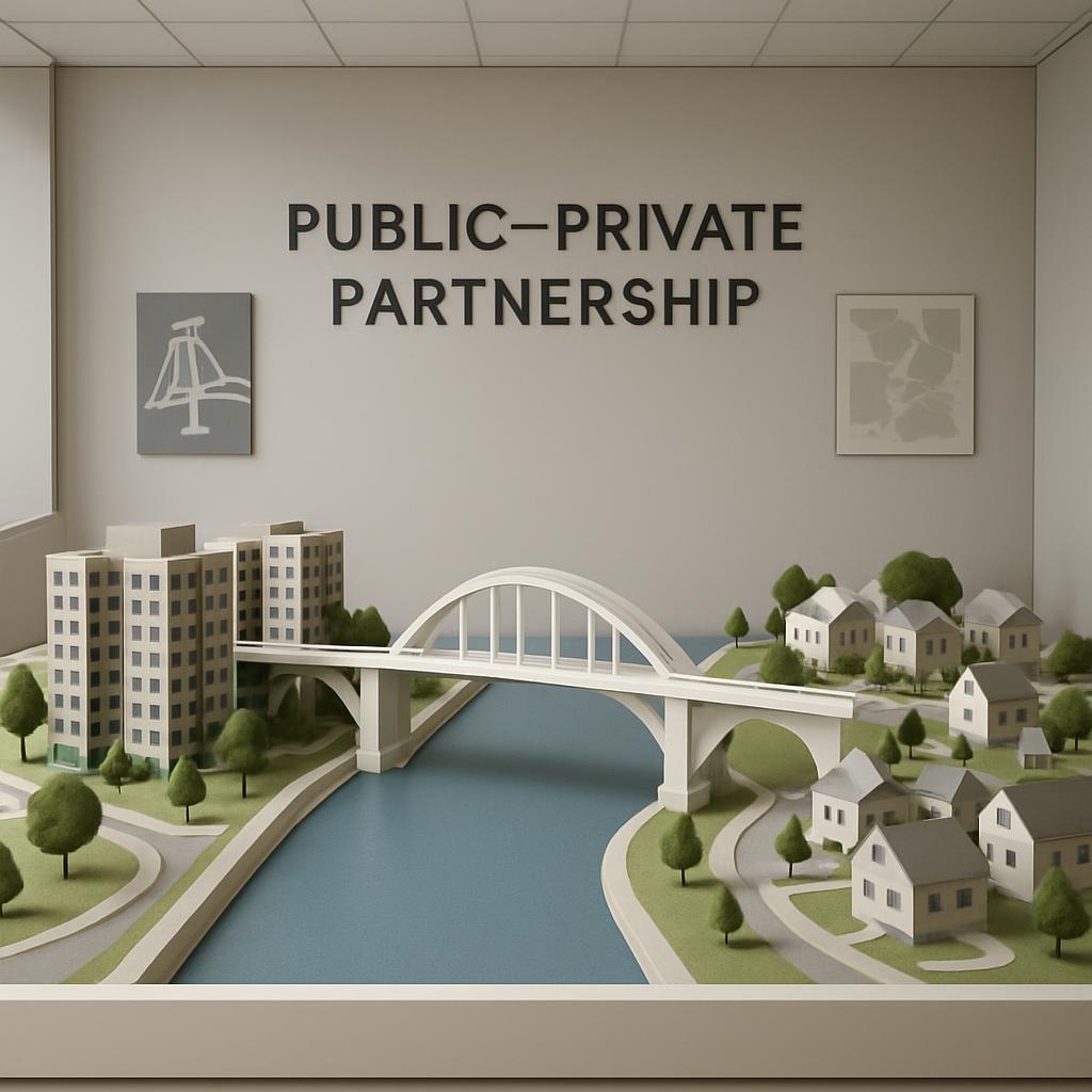 A model of a public-private partnership featuring a white bridge and buildings.