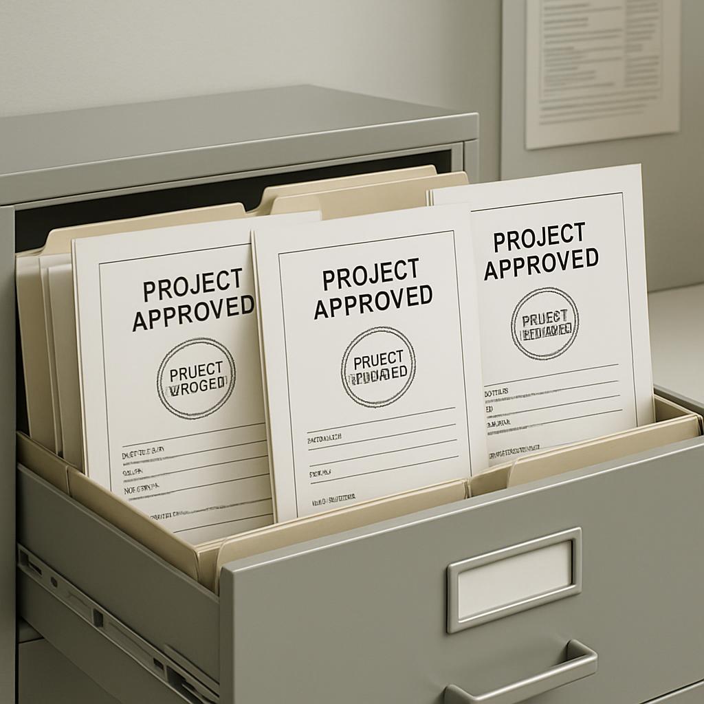 File with Papers Labelled "Project Approved" Referring to Various Types of Appropriations