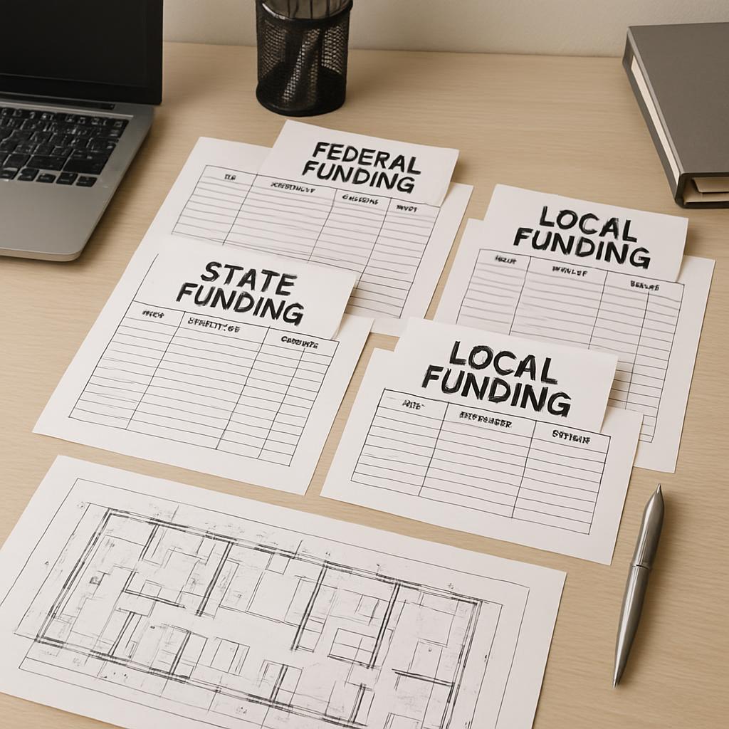 A cluttered desk with papers, a laptop, a pen, and other office supplies.