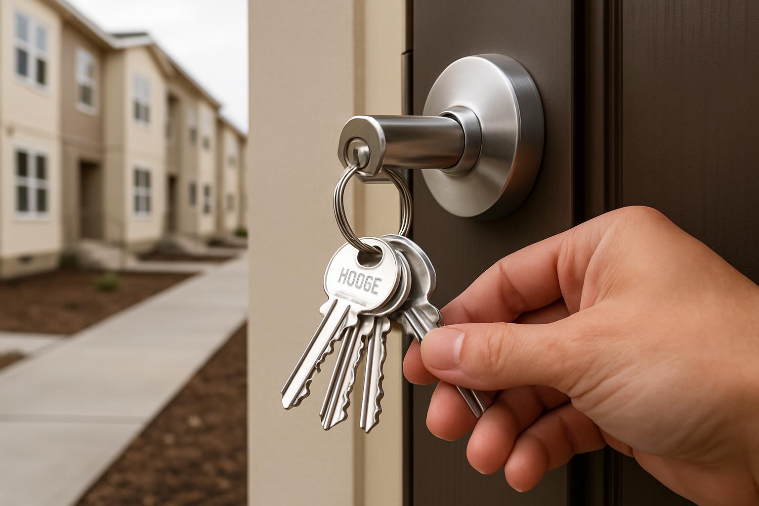 A wooden hand holding a set of keys that say 'HOOGE'