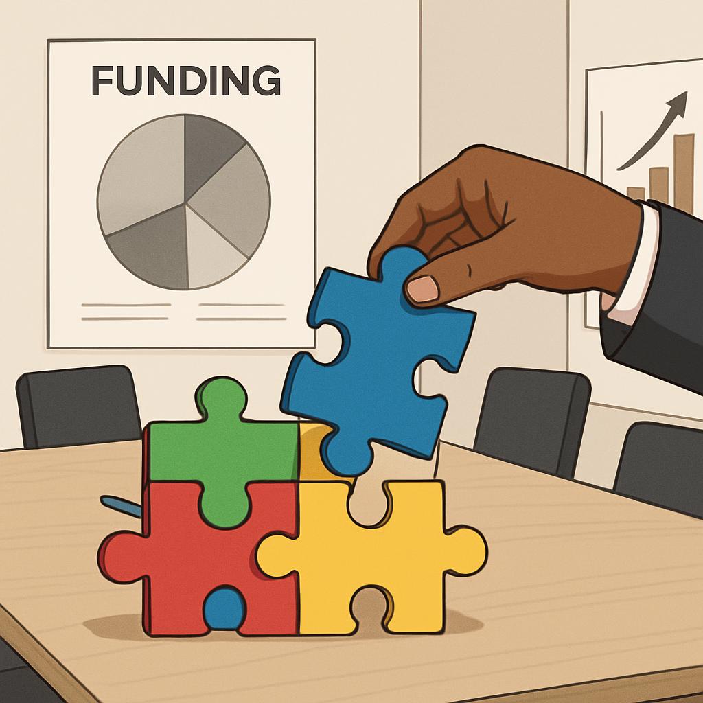 The image depicts a hand in a suit holding a blue puzzle piece over four other puzzle pieces of different colors (red, gre...