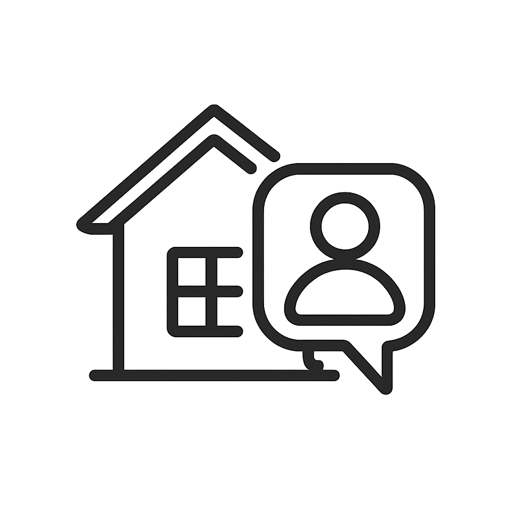 Home, person, text bubble.